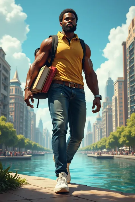 black excited African university student carrying books and a backpack. The student Looks like a giant in a city  which is surrounded by water 
