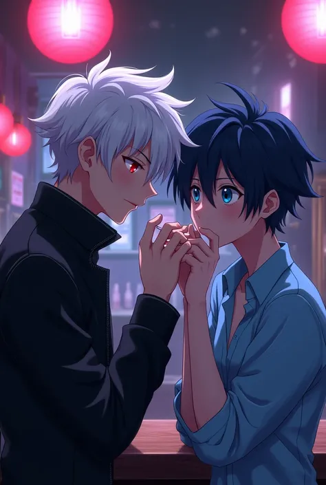  Young 18 man with white hair red eyes 
With black jacket, Living Serversa in an anime bar with his dark-haired friend dark blue eyes light blue shirt grabbing a dose in the arms and smiling together 