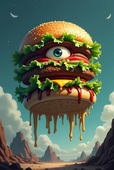 Generate a video game like character that is a monster burger with a lot of layers. Make it have one eye. Make it float. Make it 2d and low quality without shadowing. Make it look intimidating because it is a villian. Make it float with lettuce like tentic...