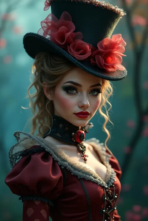 a detailed portrait of a beautiful woman wearing an elaborate Mad Hatter costume, intricate hat with ribbons and bows, whimsical makeup, captivating gaze, cinched waist, knee-high stockings, (best quality,4k,8k,highres,masterpiece:1.2),ultra-detailed,(real...