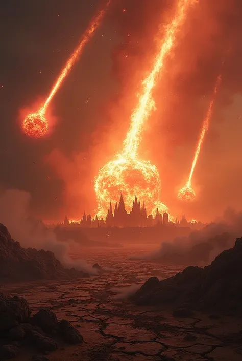  An apocalyptic scenario filled with destruction :  huge burning meteors cross the sky in shades of red and orange ,  creating explosions when they hit the ground .  the ground is cracked ,  with smoke rising from newly formed craters . An ancient city , n...