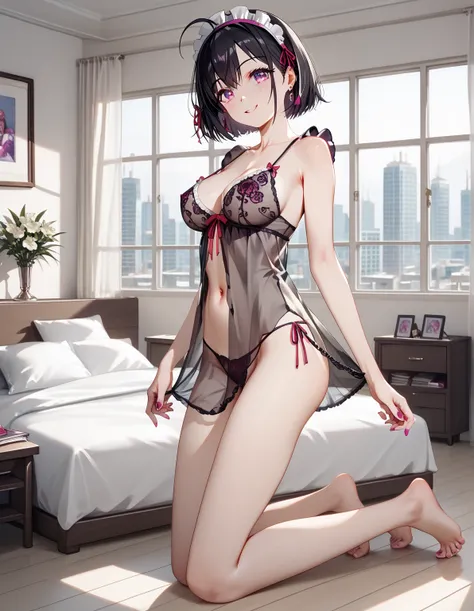 looking at the spectator, 4k, masterpiece, necessary, la mejor calidad, A beautiful young woman (Seductive full body , nightgown, big breasts,  slim waist,  big ass, Ahoge, short black hair, cut Bob, wearing a maid headband , violet eyes, daring smile ), W...