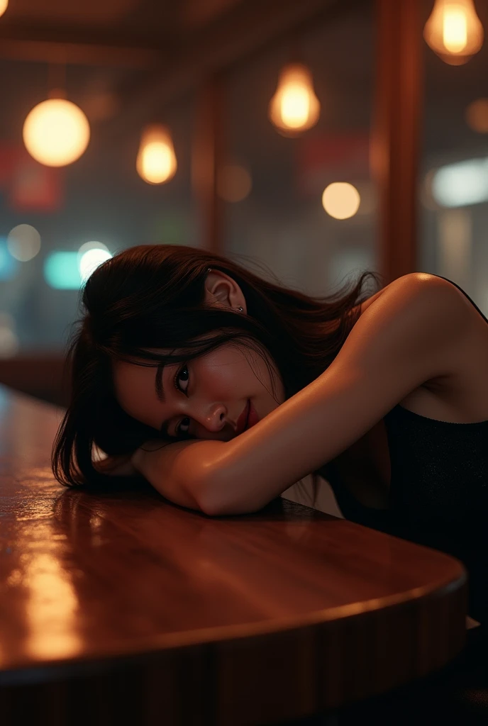 Ultra-realistic, 8k,  very detailed 、   has wine left beside a beautiful Japanese woman、night、She lies face down at the bar counter  、 shes so sexy、 realistic image generation please 