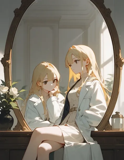  Women , light yellow,Long hair, White coat,Medium size face, in black eyes,Sitting in the mirror 