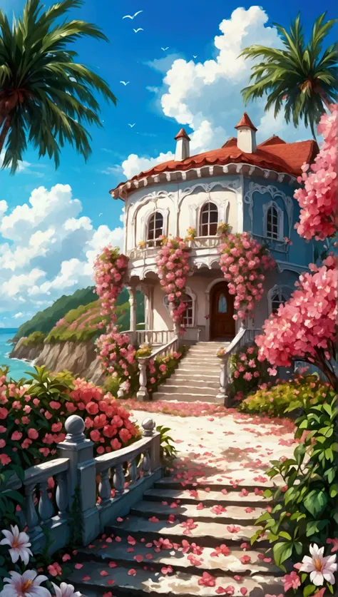  In this breathtaking HD 8K Ultra HD photo, illustration style, movie close-up. Very detailed, the foreground is a beautiful house on the hill, surrounded by flowers, and the distant view is a beautiful beach by the sea, as beautiful as a fairy tale