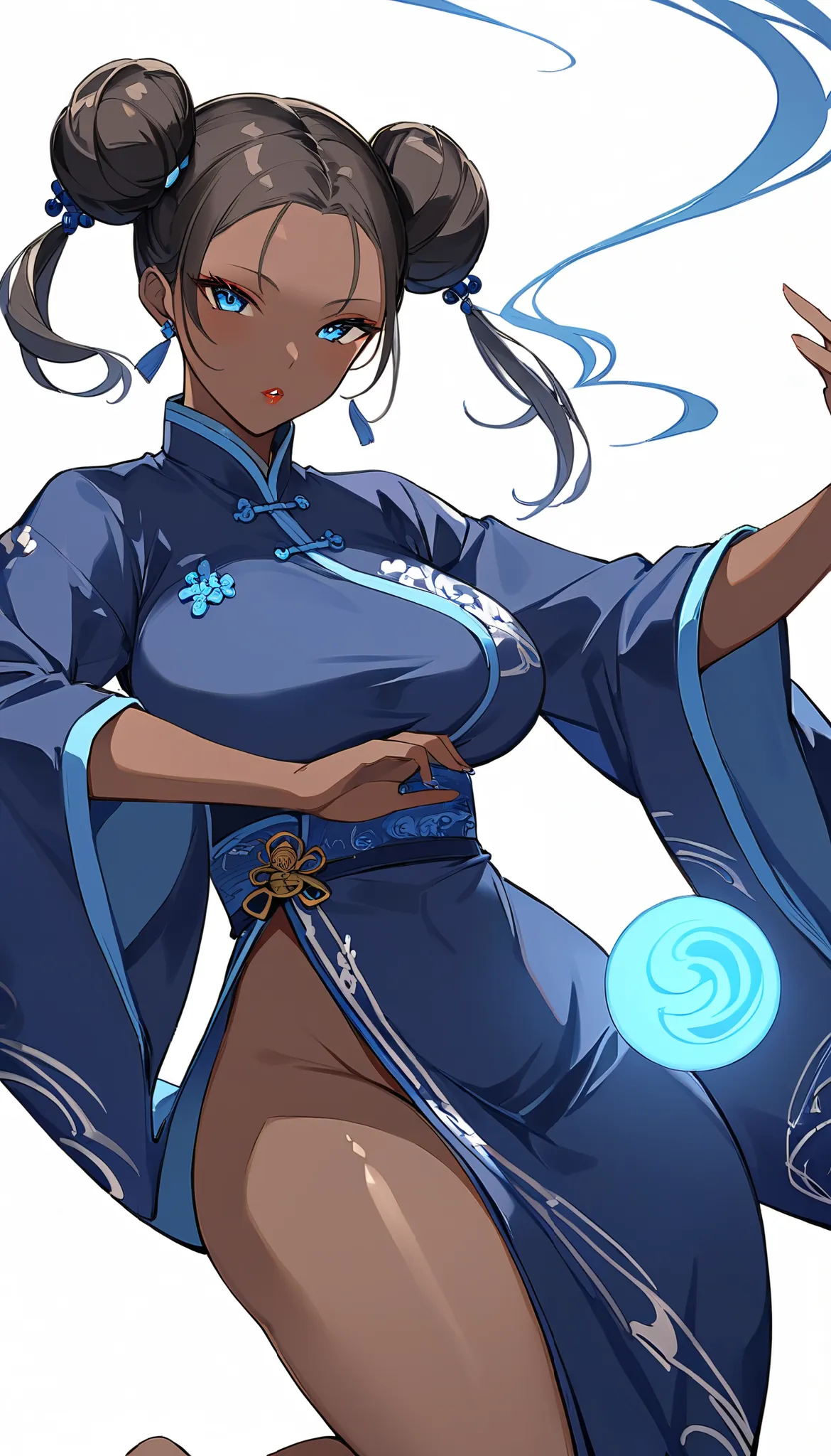 white background solo、 simple background、 big breasts 、very dark skin color 、 twin buns hair、navy blue chinese clothing、 thick l...