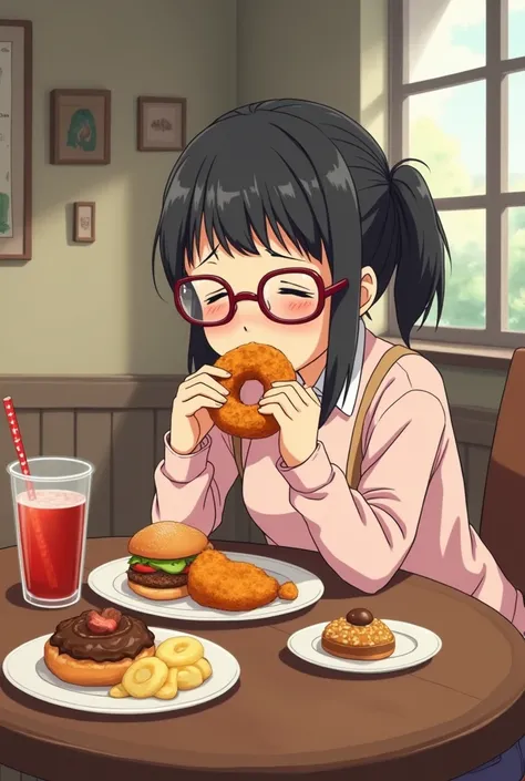 Ghibli style，Girl with glasses tied to ponytail sitting at table，Cry ， A girl sitting in front of the table while holding a donut in her hand and putting a donut in her mouth and crying ， There is a lot of food on the table ，cake、Fried Chicken、drinks、hambu...