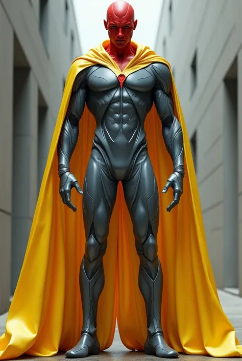 thin man, with red skin, gray superhero outfit and yellow cape.