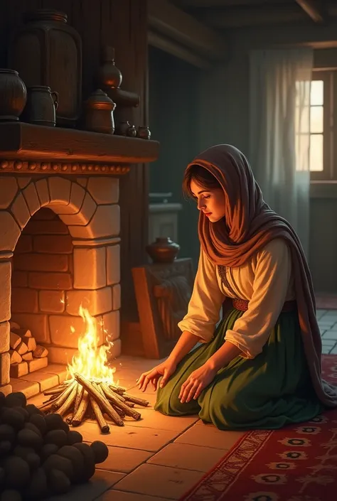 Yusufs wife lights a fire