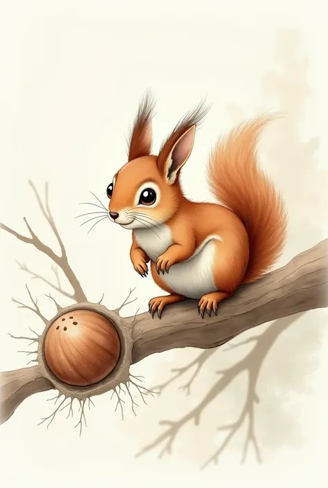 Watercolor squirrel with branch and realistic hazelnut 