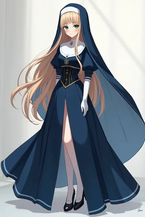 Beautiful young adult female anime nun very pretty elegant well-behaved and delicate hair very long straight soft blonde hair over eyes on shoulders and loose beautiful and shiny emerald green eyes delicate white skin soft delicate face very beautiful deli...