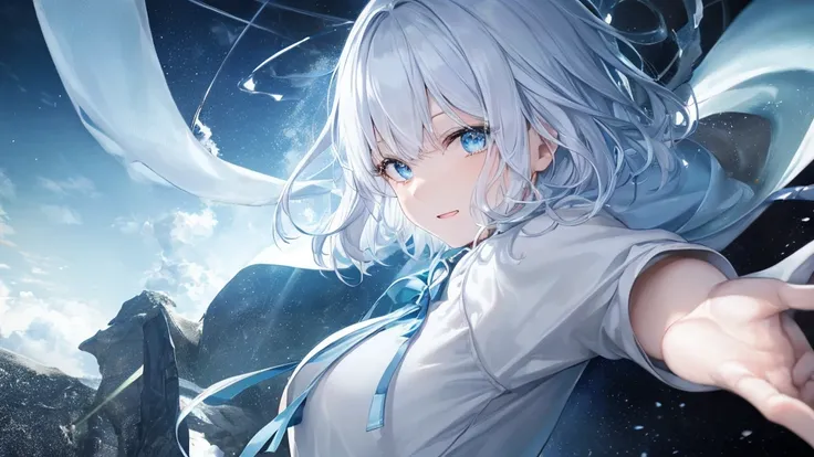  White Hoodies 、 black shirt 、Ultra HD, viewers , and, 20 years old, 非常に shorthair ,  long bangs between eyes, Pale blue eyes,  very detailed ,(masterpiece、 best quality),Gray Hair、Laughter、 amazing,  Silver Hair, iris, Small face、明るいsmile、( detailed face ...