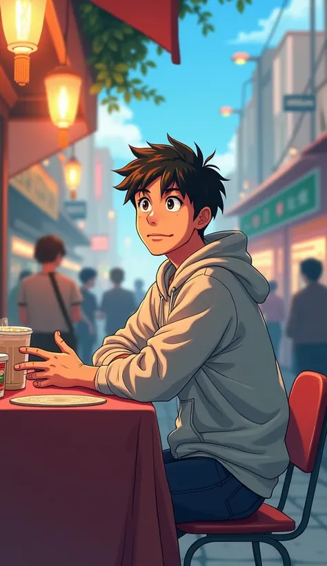  Image of a young man sitting at another table ,  wearing a hoodie or casual clothes ,  while listening with a curious expression. Surrounding, visible detail of a crowded stall . anime cartoon 
