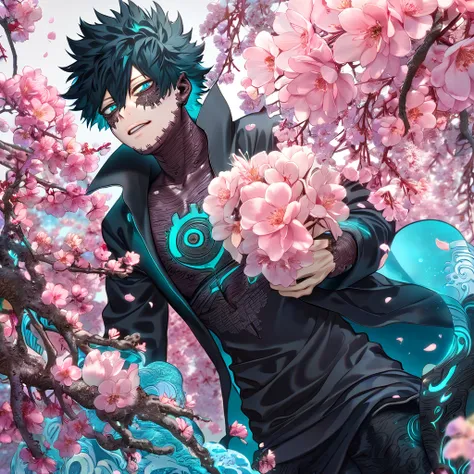 absurdres, highres, ultra detailed, HDR, master piece, best quality, delicated features, Dabi, black hair, expressive turquoise eyes, Boku No Hero Academia, solo, sexy man, handsome, black coat with high collar, whit T-shirt, blossoms, pink flowers, pink p...