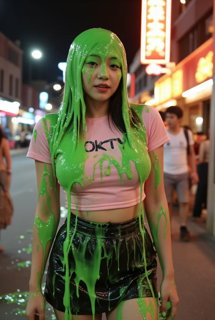 film photograph taken with a leica camera of asian girl walking covered in green slime. (pink cropped tshirt. black miniskirt: 1...