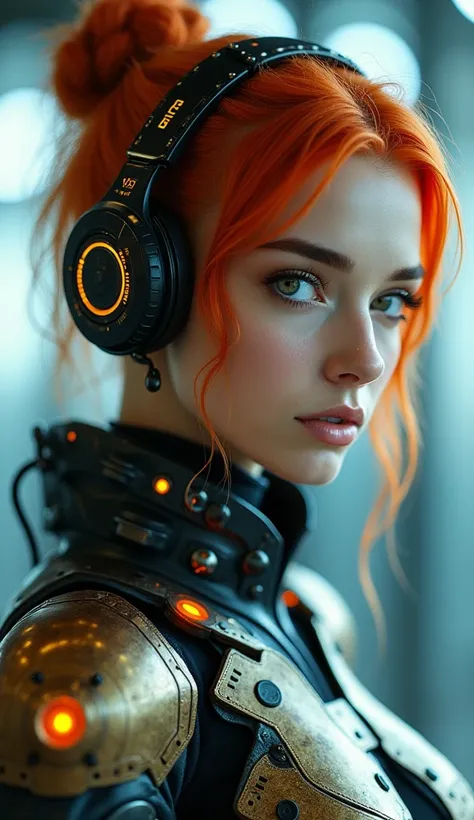 A close-up portrait of a cybernetic female character, positioned slightly to the right of center in the composition. The subject has vibrant orange-red hair styled in a sleek updo with loose strands framing her face, emphasizing her sharp features. Her exp...