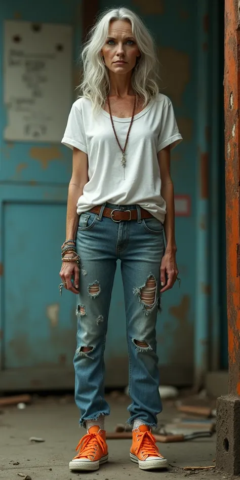 decrepit gorgeous sexy lady wearing white t-shirt, blue worn tight jeans and orange sneakers