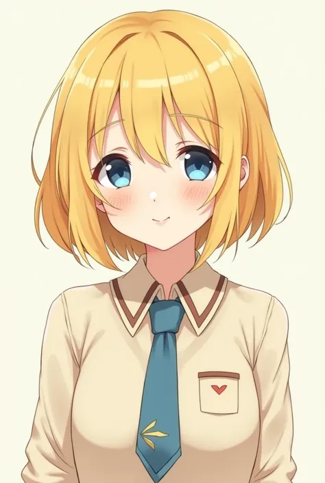 Create a picture of a female character 
named Abel who has blonde colored bob hair and has cute flat bangs and bangs a strand next to his. Has bright blue eyes .  Using a cream white school shirt with brown elements and a blue tie . And has a firm yet beau...