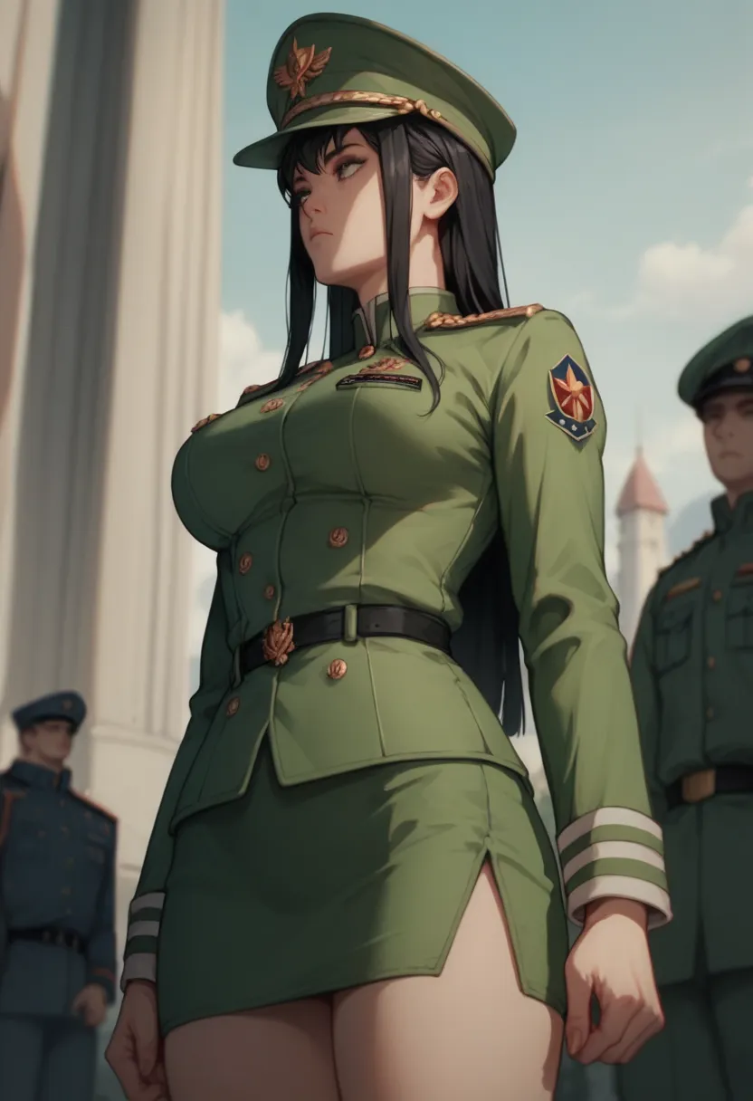 woman, standing, black hair, long hair, big breasts, expressionless, empire, green military uniform, military cap, mini slit ski...