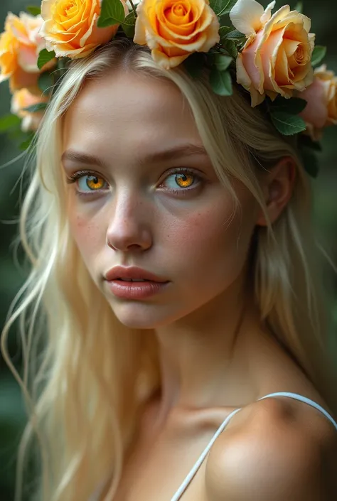  Very tall young woman , pale, Gentle sexy blonde , yellow-eyed(unusual pupils), (glowing eyes), (magic eyes),  completely naked and wearing a headband made of roses, surrounded by beautiful women in paradise , realistic