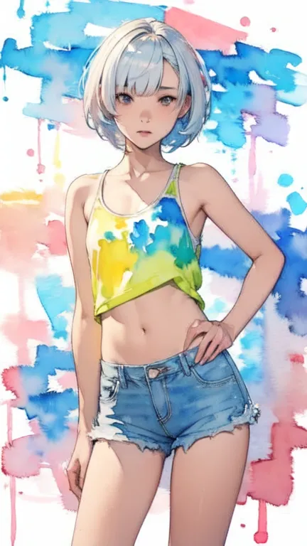 (masterpiece),( best quality:1.2),( very detailed:1.2),( high definition ),(((watercolor))),8k, Standing in front of a wall covered in hip hop graffiti, Cyberpunk neon cityscape,Pixie cut white hair, She is wearing a short neon tank top and an open hoodie,...