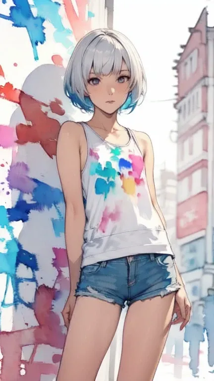 (masterpiece),( best quality:1.2),( very detailed:1.2),( high definition ),(((watercolor))),8k, Standing in front of a wall covered in hip hop graffiti, Cyberpunk neon cityscape,Pixie cut white hair, She is wearing a short neon tank top and an open hoodie,...