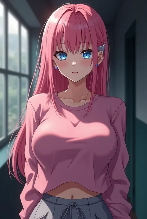  Woman with blue eyes and long pink hair with fringe on her forehead.  The woman has firm round breasts . The woman wears a tight pink sweatshirt, And a short gray skirt . Anime version image Seinen .