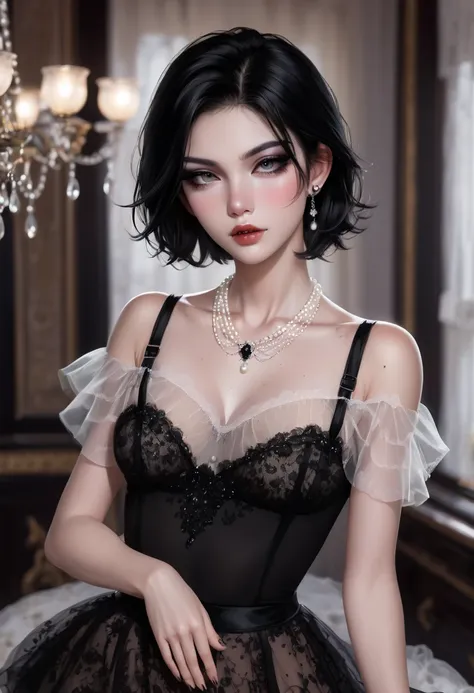 1 Girl，Sexy，Short flowing black hair，Hair shine，Skin details，Beautiful facial features，Exquisite makeup，Exquisite eyes，Eye details，Dark eyeshadow，small freckles，Pearl necklace，full，Black suspender skirt，White tulle lace，Shoulder，arm