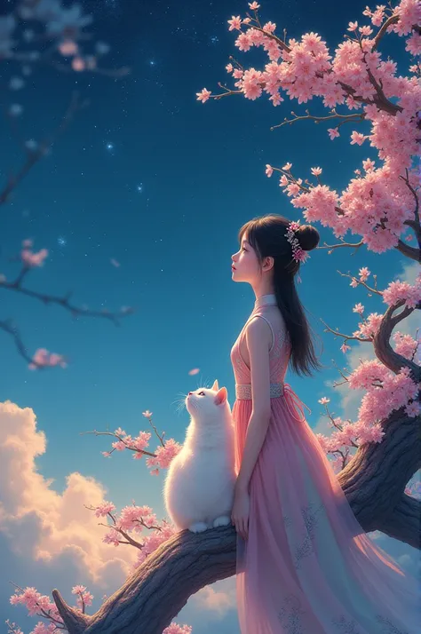  A teenage girl in a Chinese style dress with a white cat sitting on a peach tree watching the starry and magical night sky((detail ,anime landscape 8K  , fancy colors  ))