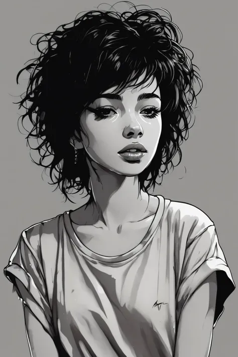 (top quality), realistic, exquisite and detailed strokes, one girl who hears Billie Jean and grieves over loss, half body shot, medium hair, soft T-shirt, masterpiece