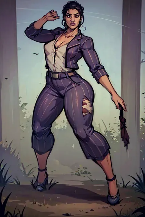 Digital art, highly detailed, angled view, sexy standing pose, legs spread apart, hands held up in a fighting form, mature woman, adult female, full curvy figure, whole body, form-fitting, Jane Romero (Dead by Daylight) inspired costume, pinstriped blazer,...