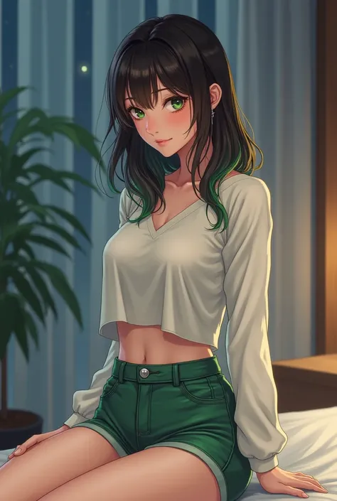 , the painting style is full、woman、Age: 20、Im not young、 hair length to shoulders 、My hair isn&#39;t long、The color of the hair is dark brown 、Hair highlights are green 、 The length of the bangs is enough to fit your eyes、 my hair is spread softly 、Droopy ...