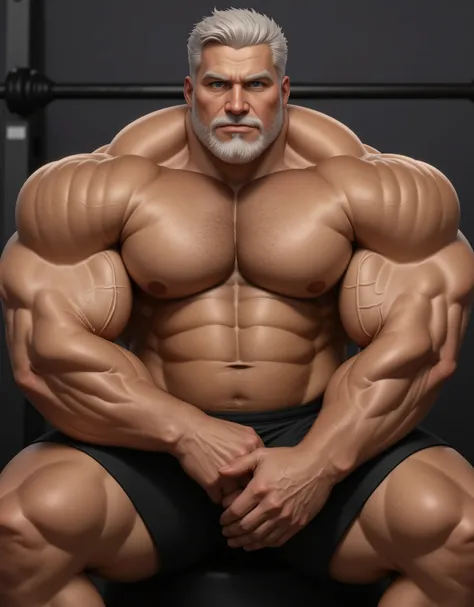 solo, 1boy, Muscular Old man, wide shoulder, pectoral, thick arms, huge pectoral, wide pectoral, sitting on gym, short white hair, detailed eyes, shorts, sweat, shirtless, masterpiece, semirealistic:1.2, high detailed, 8k, high resolution