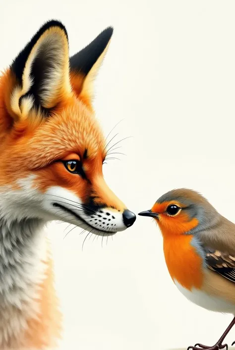 Realistic watercolor fox head and robin bird face to face realistic proportion