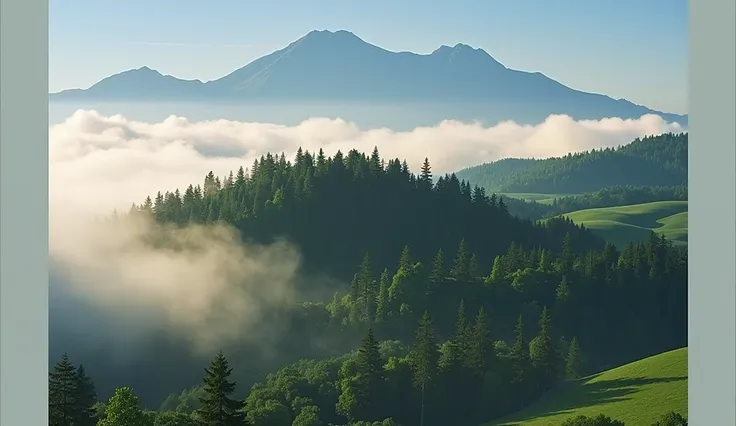 The image shows a serene landscape of lush, green hills blanketed with dense forest, partially shrouded by a layer of mist. The morning sunlight filters through the fog, casting a golden glow over the treetops. In the distance, the rolling mountains extend...