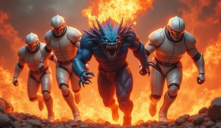 「 a devilish monster engulfed in flames 。It has blue skin and sharp fangs 、 with flames rising from its head 。 the characters wear metal helmets and white armor 、 they pose as if they are jumping forward with a fierce expression。 red and orange flames swir...