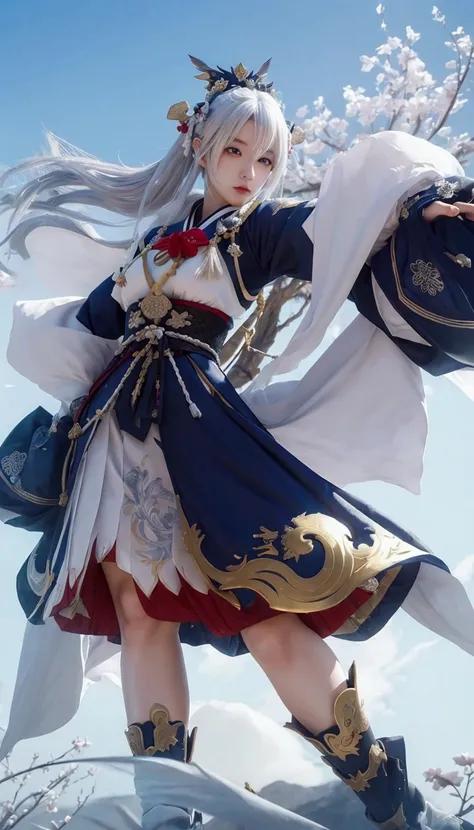 a woman a dress and a helmet holding a sword, onmyoji detailed art, extremely detailed , from genshin impact, style , onmyoji, white haired deity, ! dream , ig model | , portrait knights of zodiac girl, style of , full body 