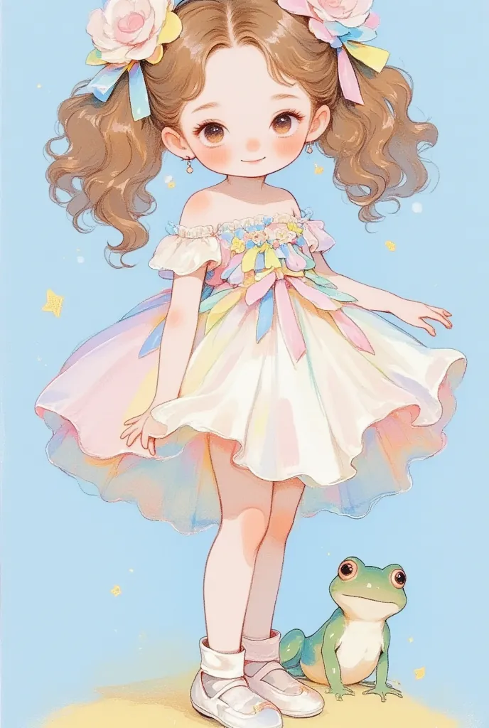 Cute chibi anime illustration of a girl with big curly hair, a pastel dress and shoes, ribbons in her long brown pigtails, a small green frog on the floor behind her. The illustration is in the style of kawaii anime art. 