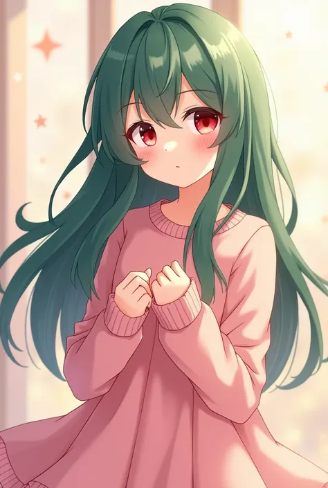 Anime girl 17-18 years old, green hair, black side hair, red eyes, sweet dress girl wearing pink sweater