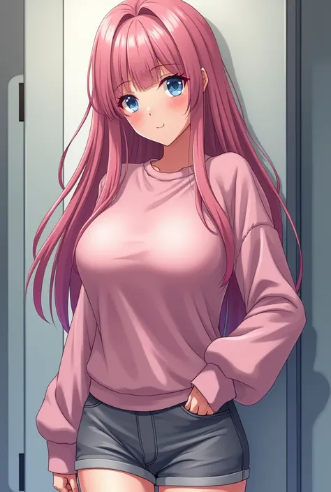  Woman with blue eyes and long pink hair with fringe on her forehead.  The woman has firm round breasts . The woman wears a tight pink sweatshirt, and a short gray skirt highlighting the curves of the butt. Anime version image Seinen .