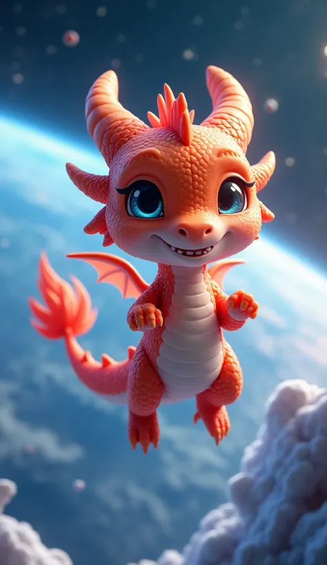 Fantastic. High detail. 8K. Ice flame style. Chibi. Space dragon. Space travel. Open space. Sweet mischievous smile, photorealism. Detailed perfect anatomy. Bright saturated colors.