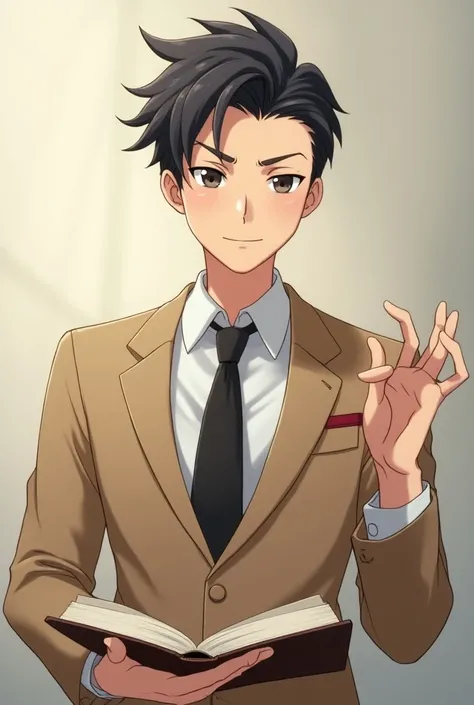 Create a good-looking male anime character wearing a khaki teachers suit. One hand holds a book, the other hand raises the index finger.