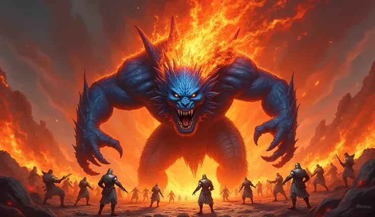 「 a devilish monster engulfed in flames 。It has blue skin and sharp fangs 、 with flames rising from its head 。 the characters wear metal helmets and white armor 、 they pose as if they are jumping forward with a fierce expression。 red and orange flames swir...