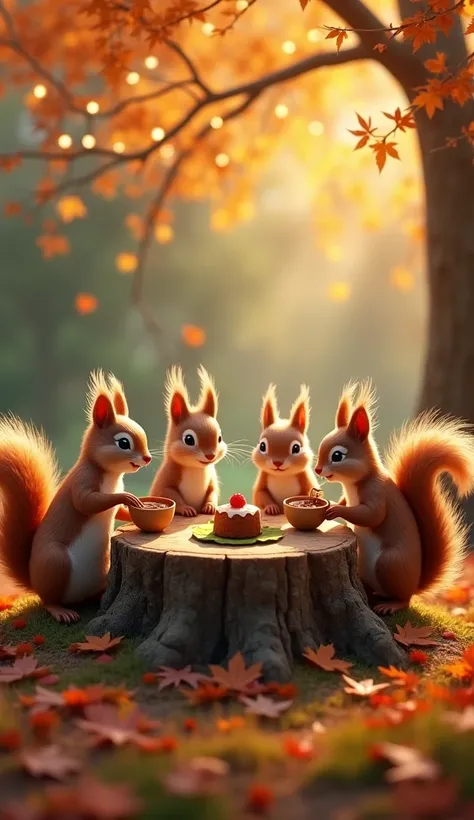  A small table made from a tree stump 、 squirrels having tea surrounded by vivid autumn leaves 。 a cup made of acorn nuts and a cake on a leaf plate、 fairy lights stretched between branches illuminate the scene 、 creates a fun and fantastic atmosphere 。