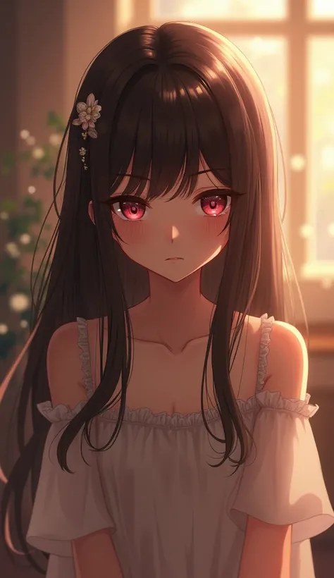  1 girl, Long hair, shill,  brown hair, Pink eyes,  shy, Character design,  Hair Jewelry , ribbon,  flickering light , Backlight, พร่ามัว, ย้อนแสง, ขอบเขต, เบื้องหลัง, 