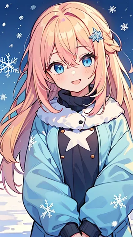 ((White,Pink,   A girl with yellow hair and blue eyes  )),((   wearing a snowflake-shaped hairpin )),((Im wearing a blue winter suit   )),bangs, head between eyes , Smile 