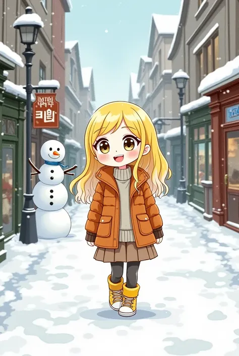 Manga cartoon   A Girl  skin white smile , long  hair colour yellow  -  white   gradient , wear outfits  Winter   and  sneaker colour  yellow  and  white    walking in  town centre with  snow - snowman  backdrop  wall  , manga water colour  cartoon style  ...