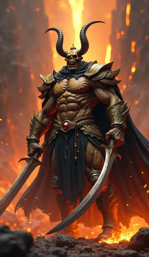 「 and a fearsome golden demon king 、 this character has a muscular body 、 with 2 large curved horns 、 has a third eye placed on his head 。 has a large curved sword in both hands 、It shows an intimidating stance 。 with a black cloak spread out on its back 、...