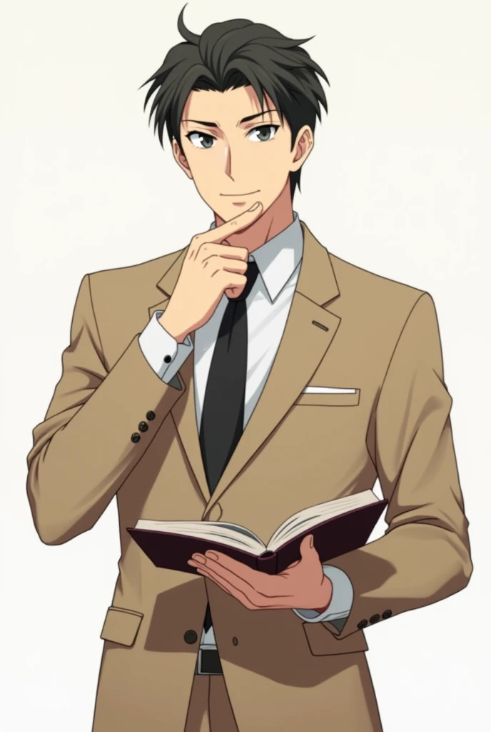 Create a good-looking male anime character wearing a khaki civil servant dress, one hand holding a book, the other pointing up.