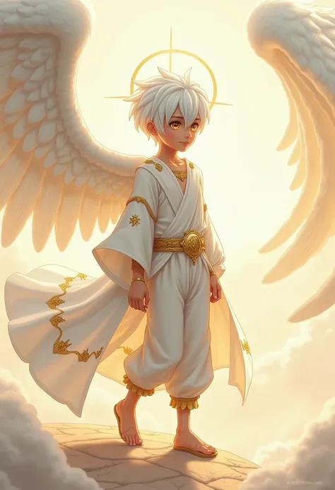 "A  boy with white hair and golden eyes, exuding a celestial and ethereal aura. He has a short, asymmetrical haircut, with one side slightly longer than the other. He wears a white tunic with subtle golden details, along with light, flowing pants and discr...